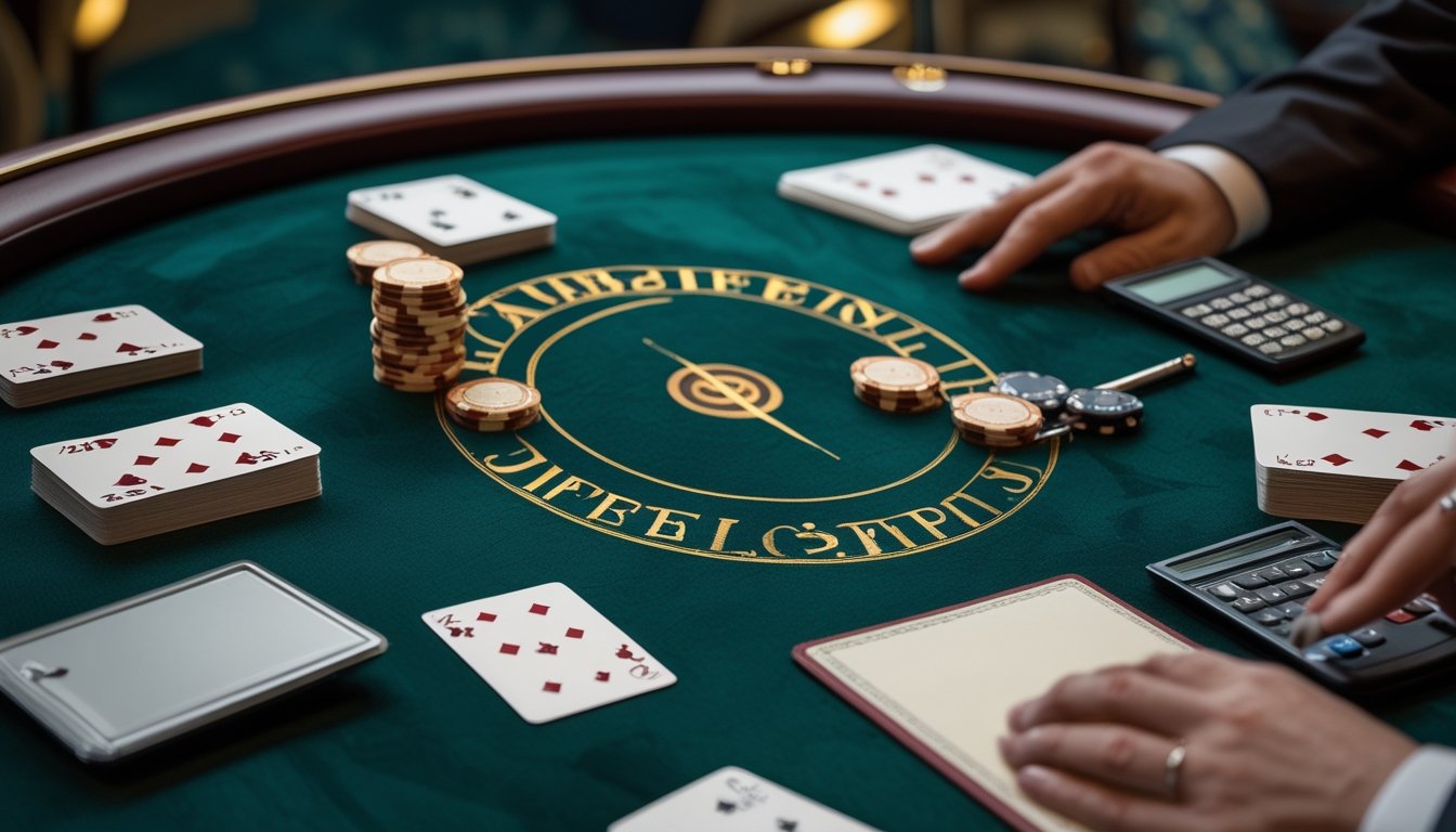 Meja baccarat dengan kartu, keping taruhan, kalkulator, dan buku anggaran yang menunjukkan permainan dengan batas keuangan.