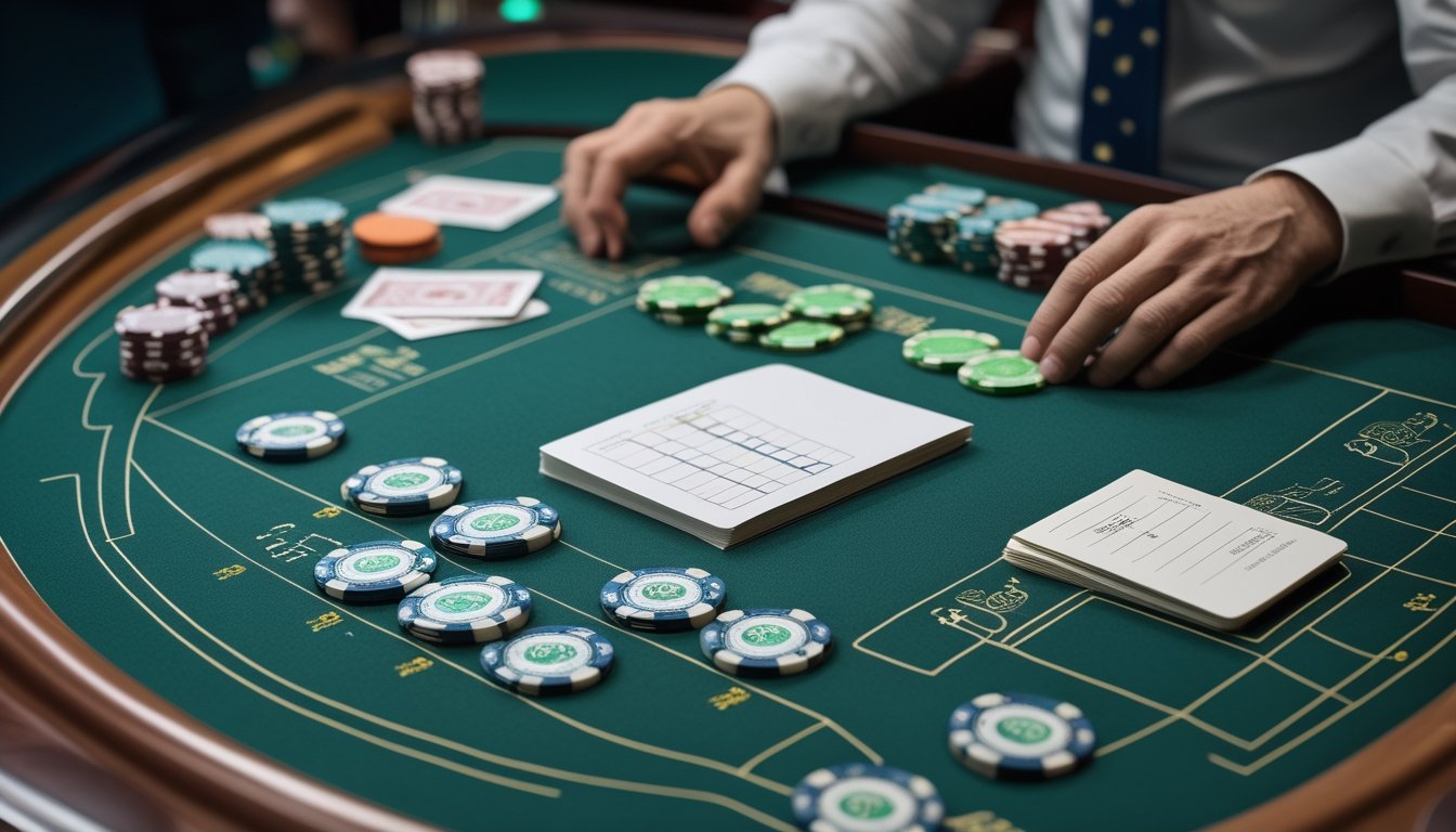 Seseorang mengamati meja baccarat dengan kartu, chip, dan catatan anggaran secara tenang.