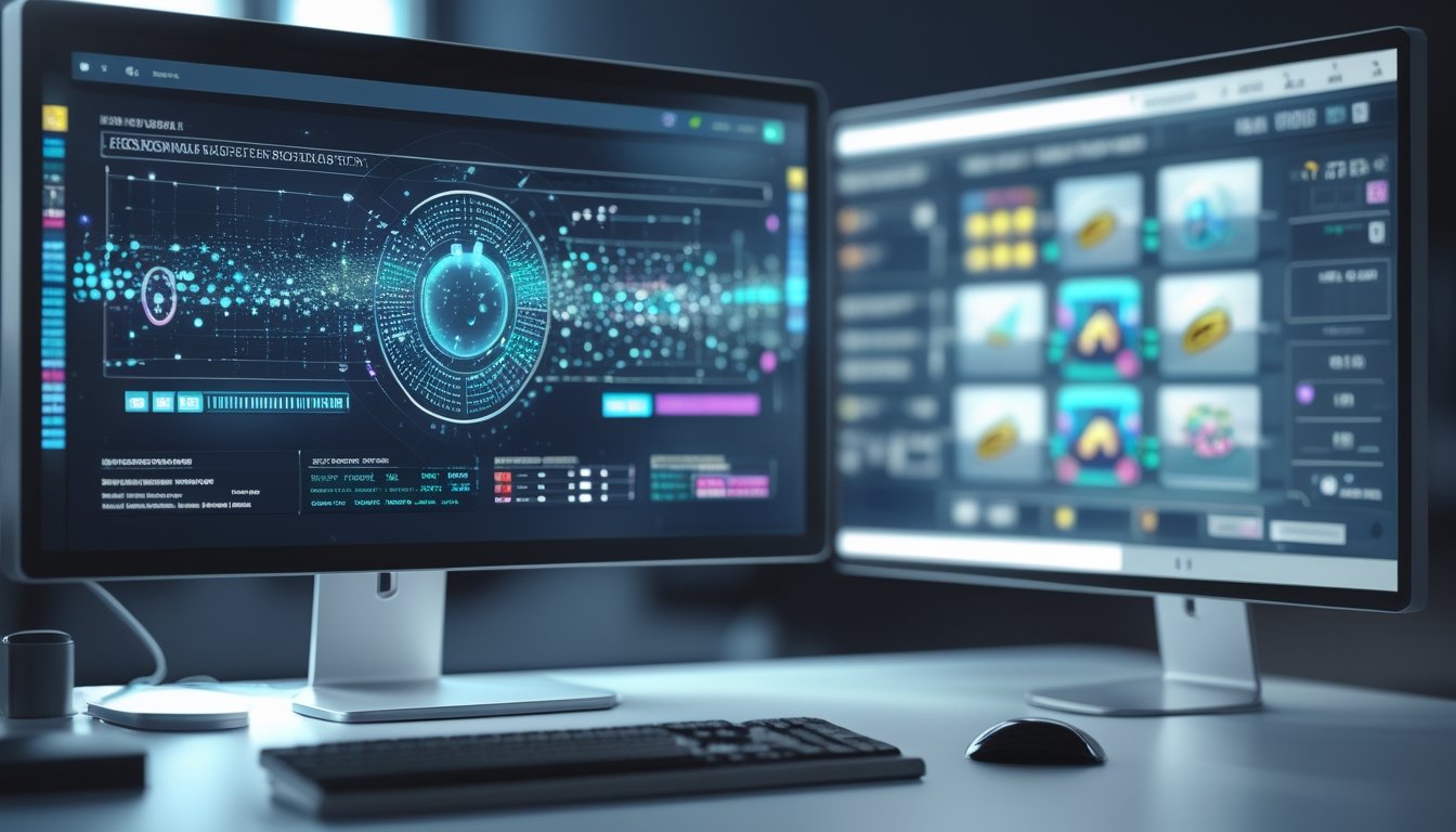 Monitor menampilkan visualisasi abstrak aliran data acak dan algoritma dengan elemen gulungan slot digital.