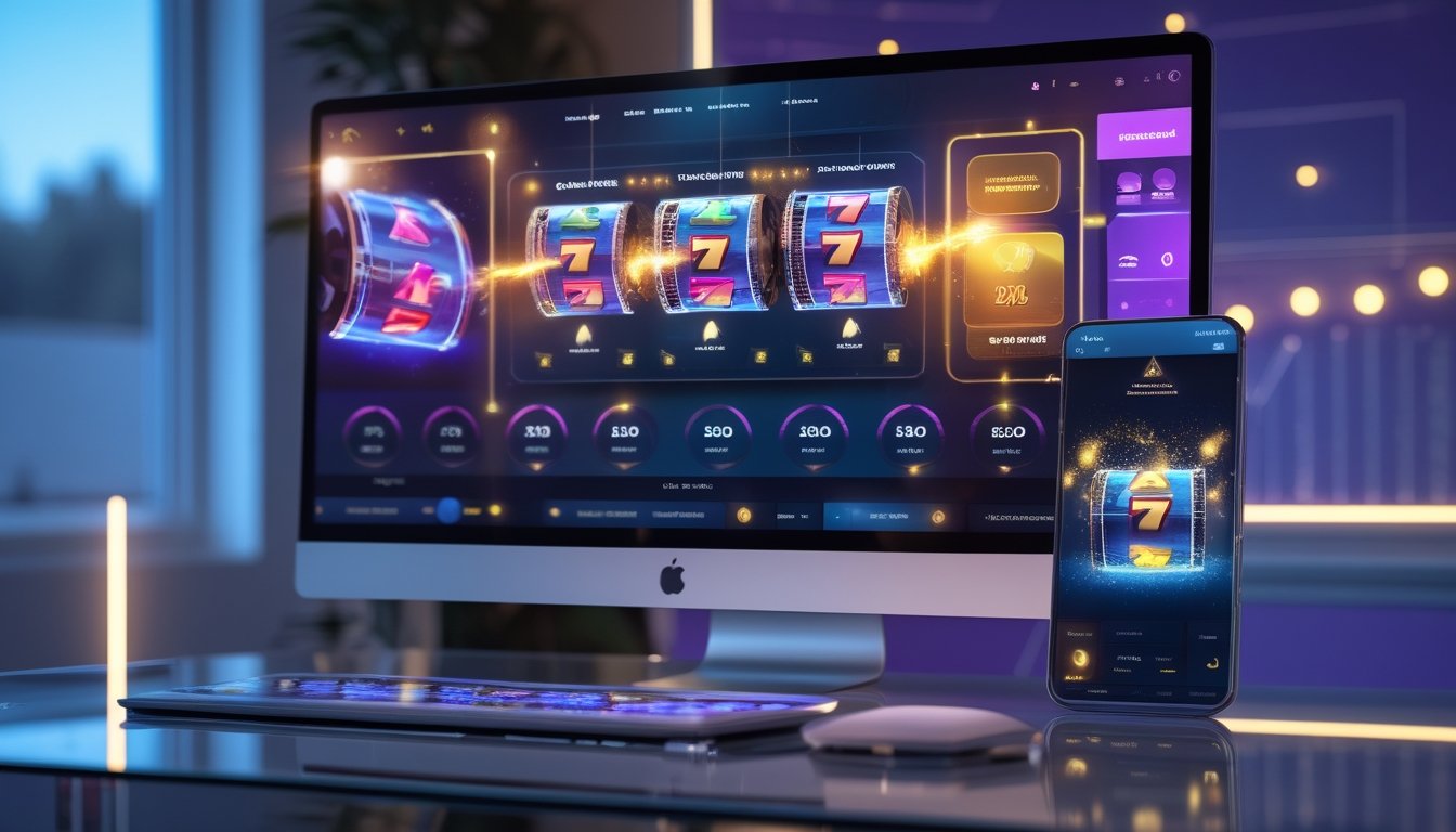 Layar komputer dan ponsel menampilkan antarmuka permainan slot digital dengan grafik performa dan efek cahaya kemenangan.