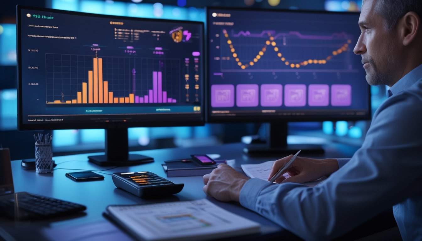 Analis memeriksa grafik statistik dan antarmuka permainan slot di ruang kerja modern.