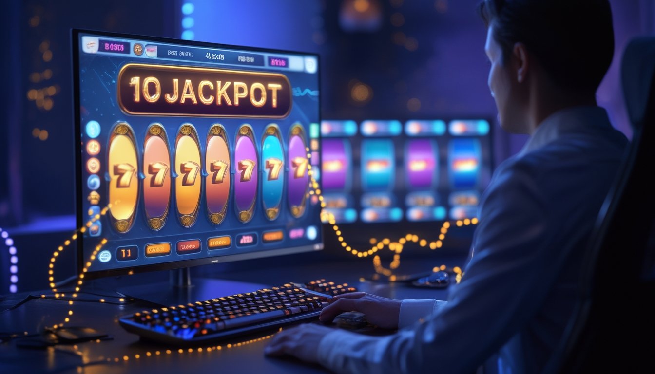 Seseorang memainkan permainan slot online di depan monitor dengan tampilan jackpot progresif yang bercahaya.