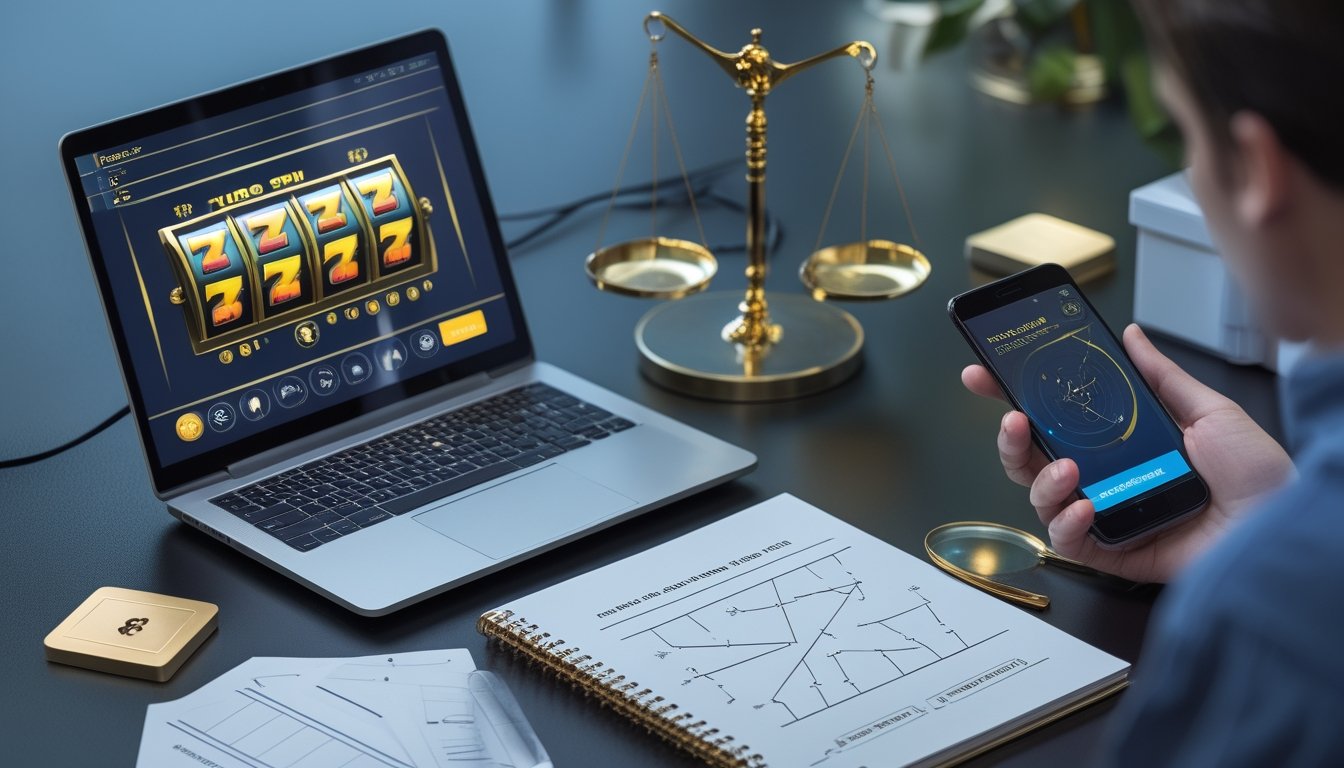 Meja kerja modern dengan laptop dan ponsel yang menampilkan permainan slot abstrak, disertai catatan analisis dan simbol perbandingan turbo serta manual.