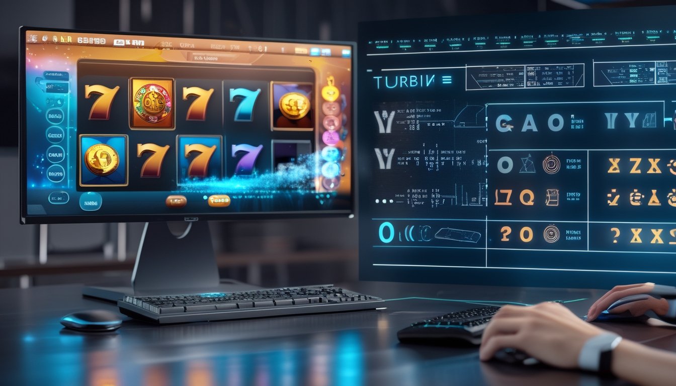 Analis mengamati layar permainan slot dan ilustrasi visual tentang pola putaran serta proses acak.