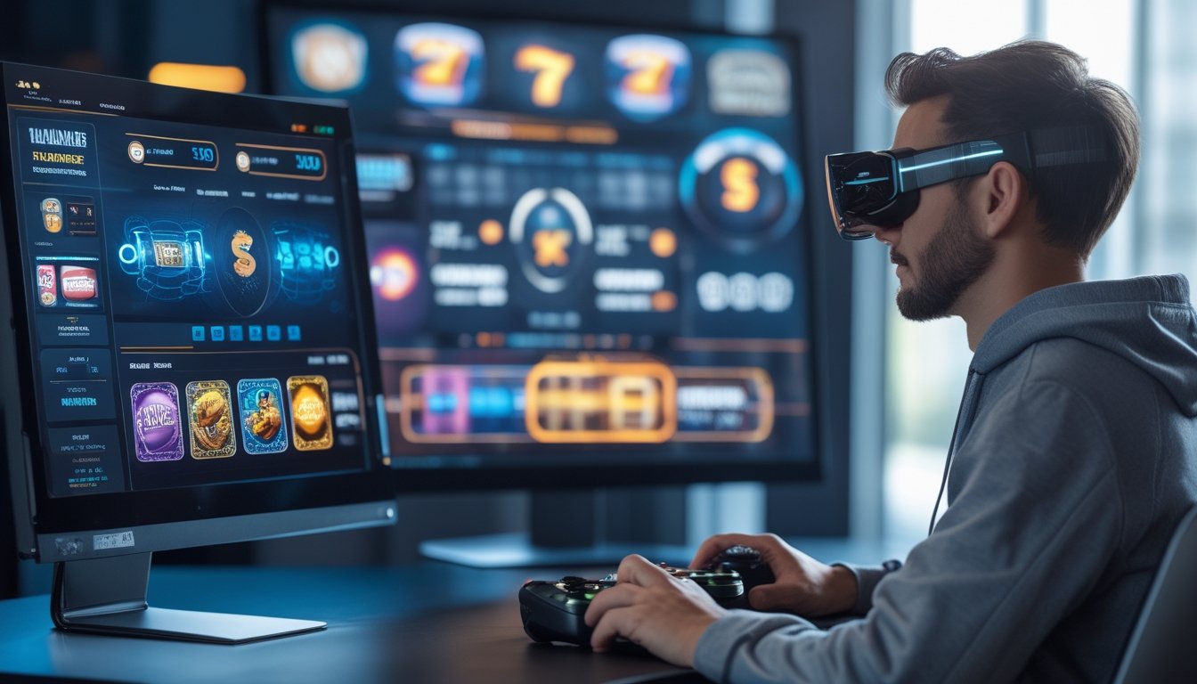Seseorang menggunakan perangkat digital dengan tampilan permainan slot modern dan efek visual imersif.