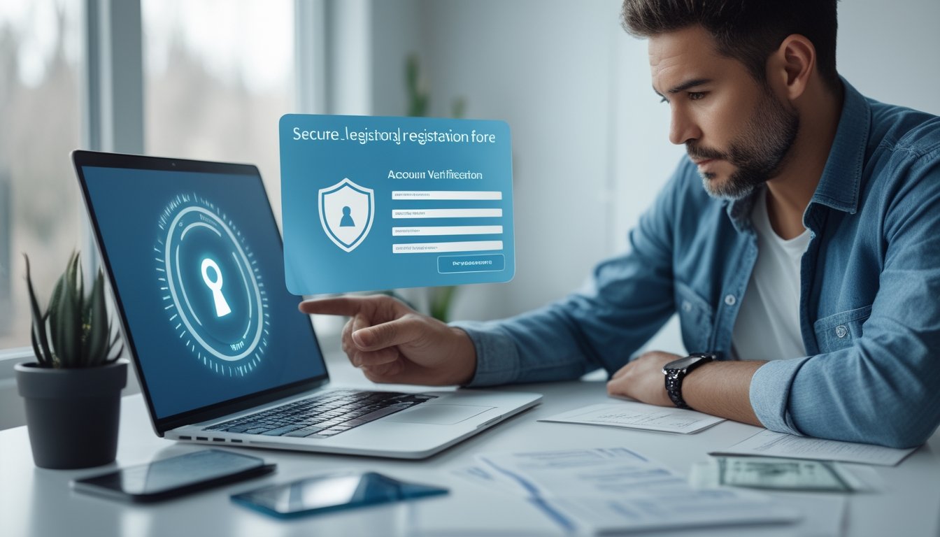 Seseorang meninjau proses pendaftaran akun digital yang aman di laptop dengan simbol perlindungan dan dokumen di meja.