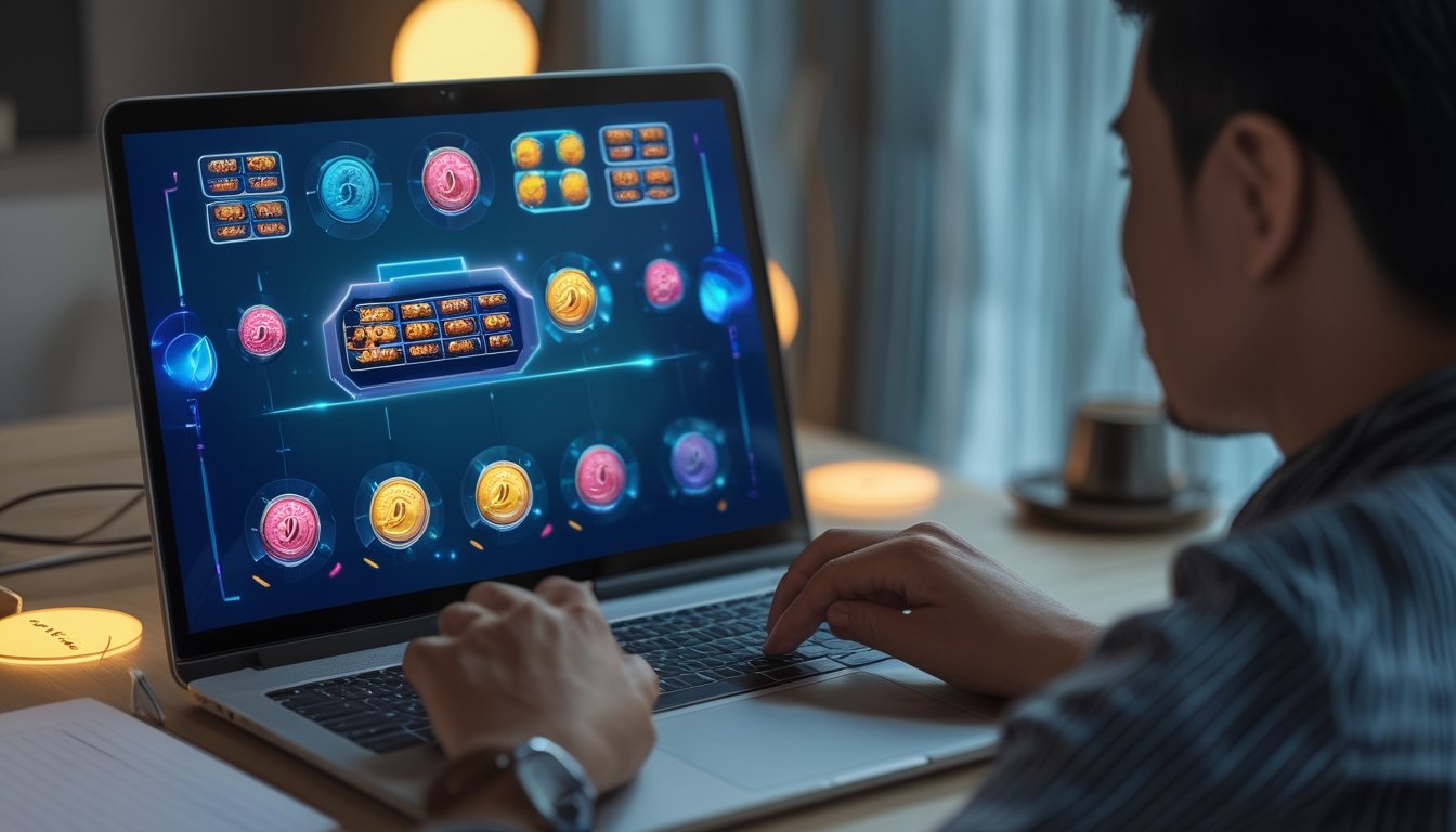 Seseorang mempelajari antarmuka permainan slot virtual dengan ikon putaran gratis dan pengali di atas meja kerja.