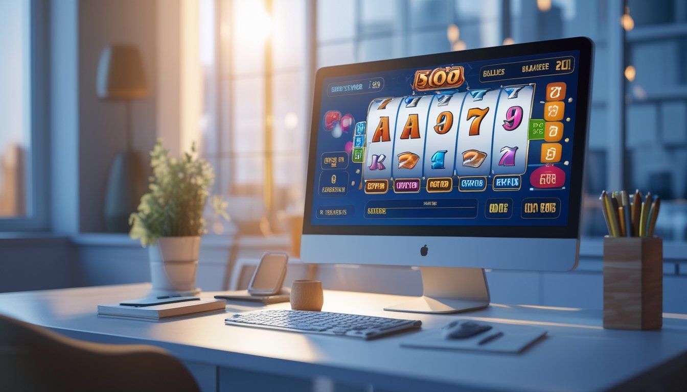 Meja kerja modern dengan monitor yang menampilkan permainan slot online abstrak, disertai buku catatan, pena, dan ponsel.