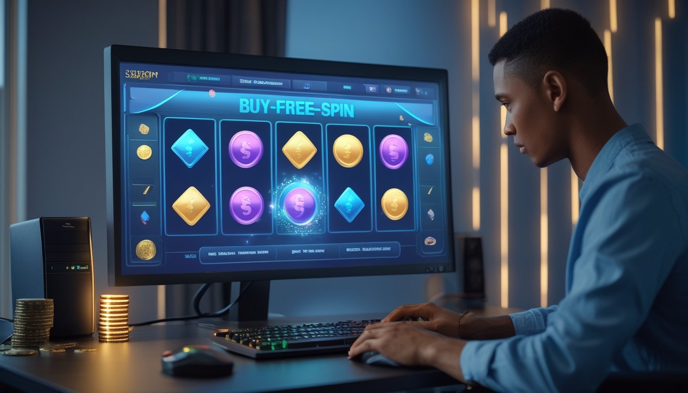 Seorang pemain dewasa menatap layar permainan slot dengan efek bonus cerah di satu sisi dan koin yang berkurang di sisi lain.