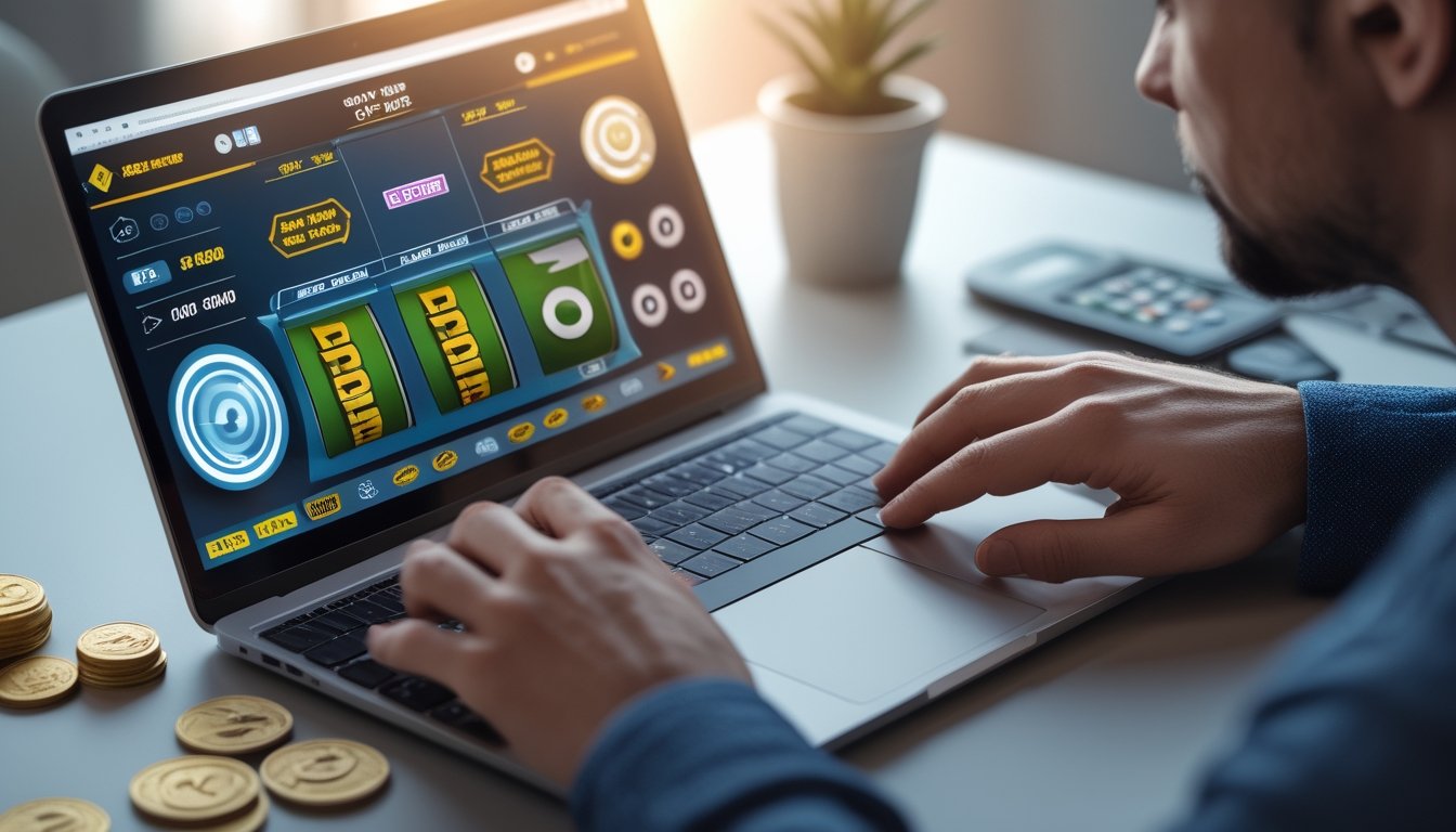 Pengguna melihat permainan slot digital di laptop dengan simbol putaran tambahan dan elemen yang menggambarkan pertimbangan biaya.