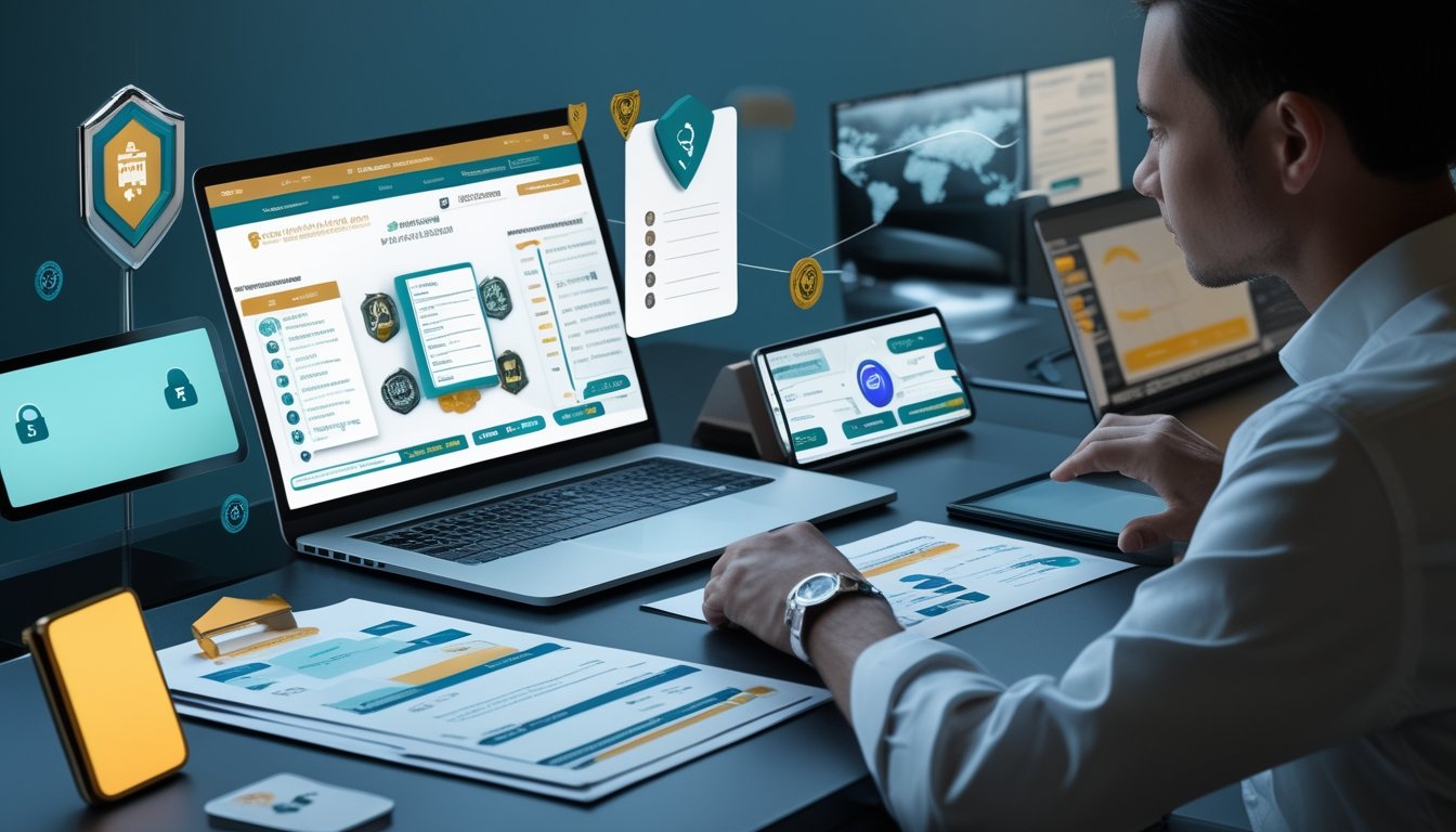 Seorang analis dewasa memeriksa laptop dan dokumen dengan simbol keamanan serta peta dunia di meja kerja.