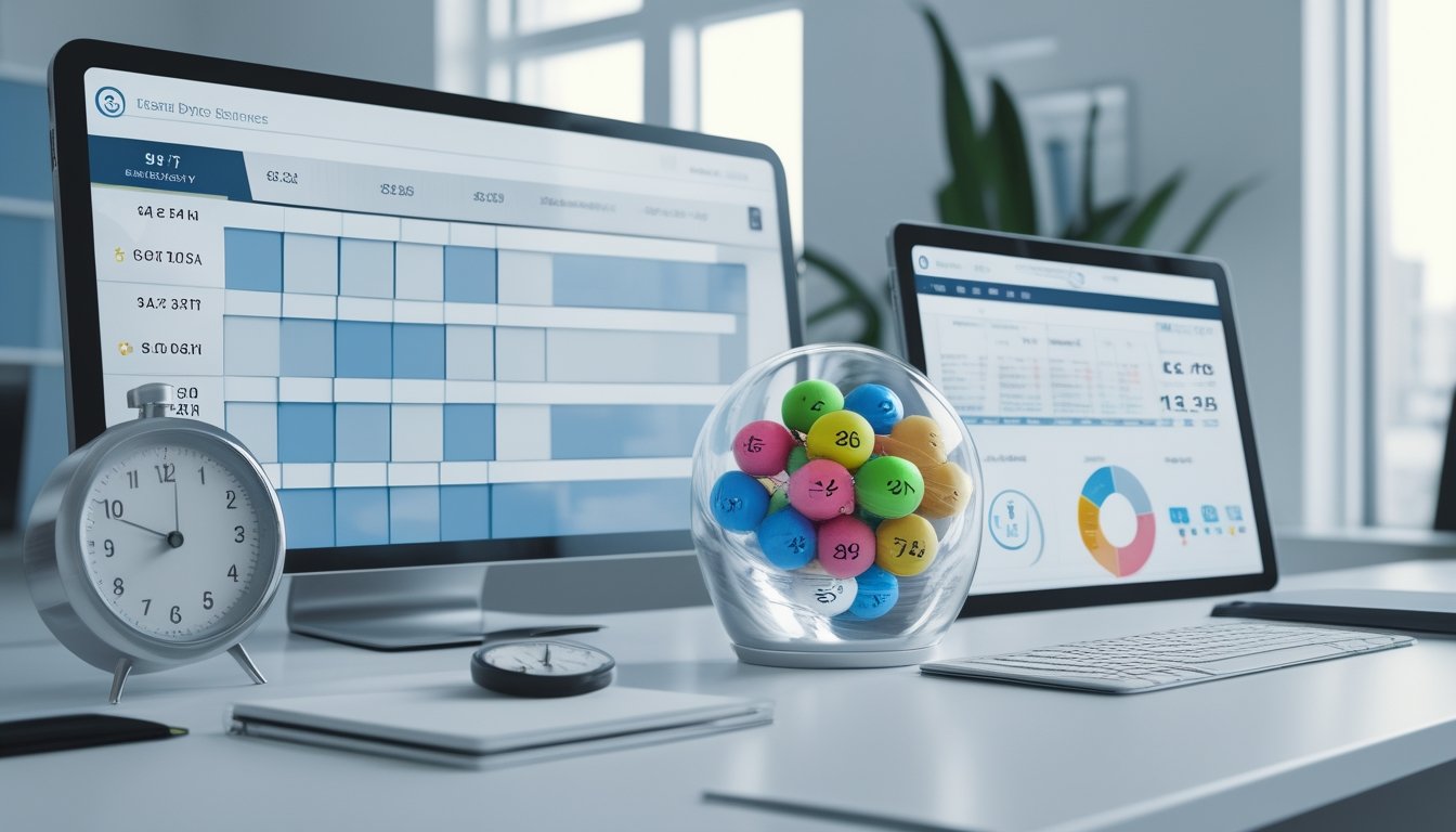Meja kerja modern dengan kalender digital, jam, bola bernomor, dan tablet berisi grafik jadwal.
