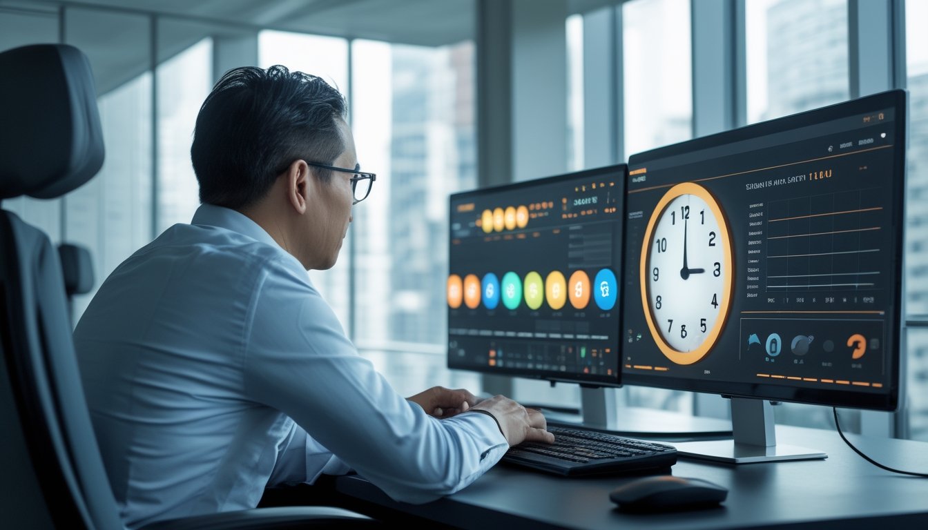 Seorang analis memeriksa data undian 3D pada beberapa layar komputer di meja kerja modern.