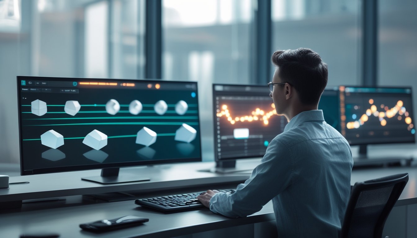 Seorang analis mengamati visualisasi data tiga dimensi abstrak pada beberapa layar komputer di ruang kerja modern.
