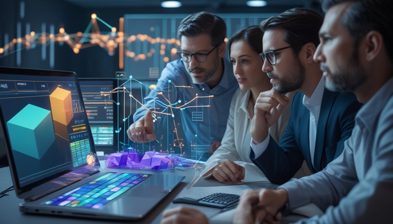 Analis mempelajari visualisasi data tiga dimensi dan berbagai kemungkinan hasil di ruang kerja modern.