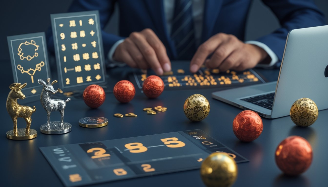 Tangan analis menata simbol zodiak, bola undian tiga dimensi, dan pola angka abstrak di atas meja.