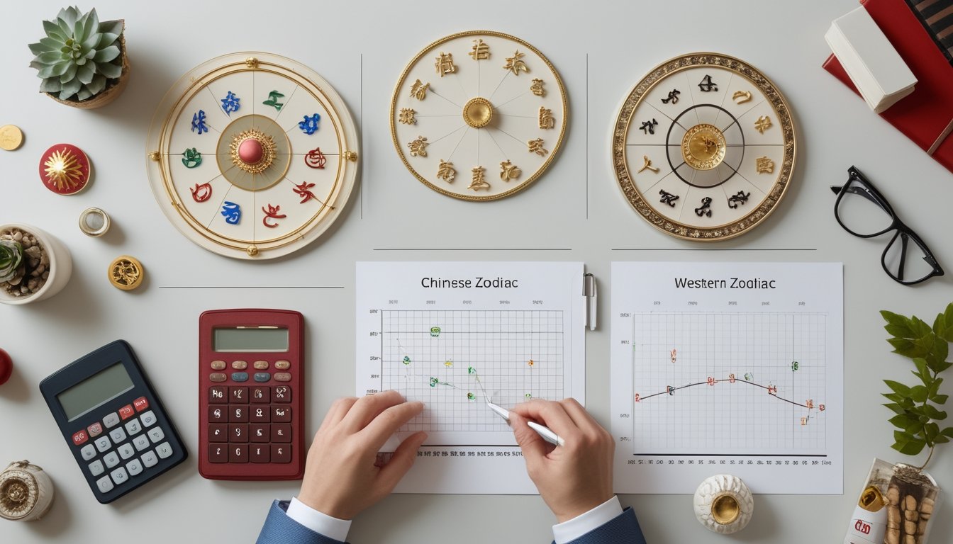 Roda zodiak Tionghoa dan zodiak Barat disusun di atas meja bersama grafik angka dan kalkulator.