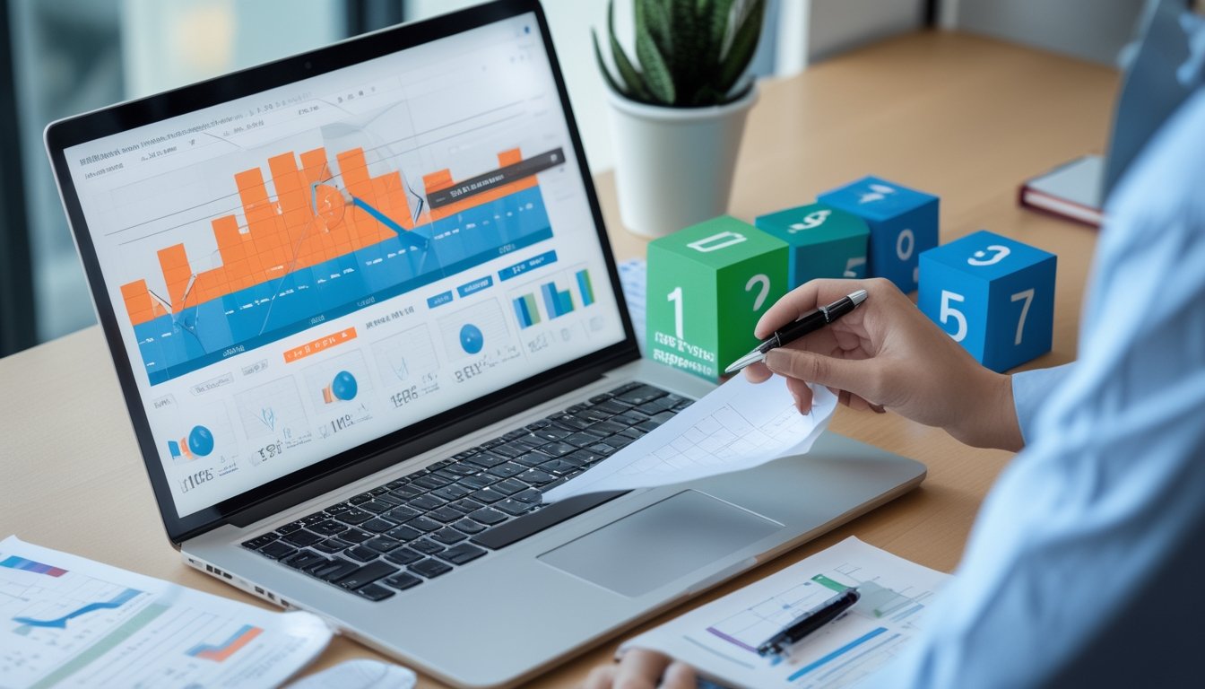 Meja kerja dengan laptop, grafik analisis, kalkulator, dan bentuk kubus tiga dimensi yang menggambarkan evaluasi akurasi prediksi.