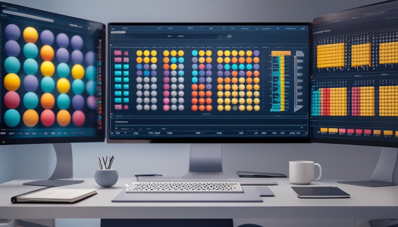 Meja kerja modern dengan layar berisi grafik warna-warni dan pola bola tiga dimensi.