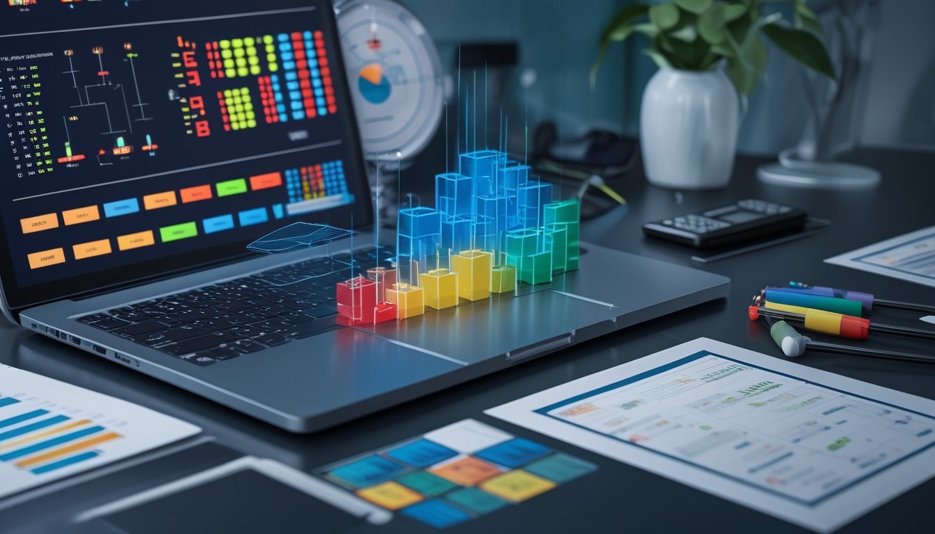 Meja kerja modern dengan laptop, grafik warna-warni, kalkulator, dan visualisasi data tiga dimensi.