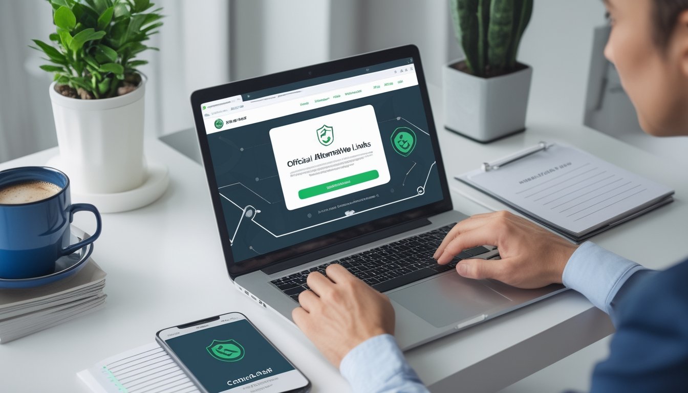 Seseorang membandingkan laptop dan ponsel dengan tanda keamanan digital di meja kerja.