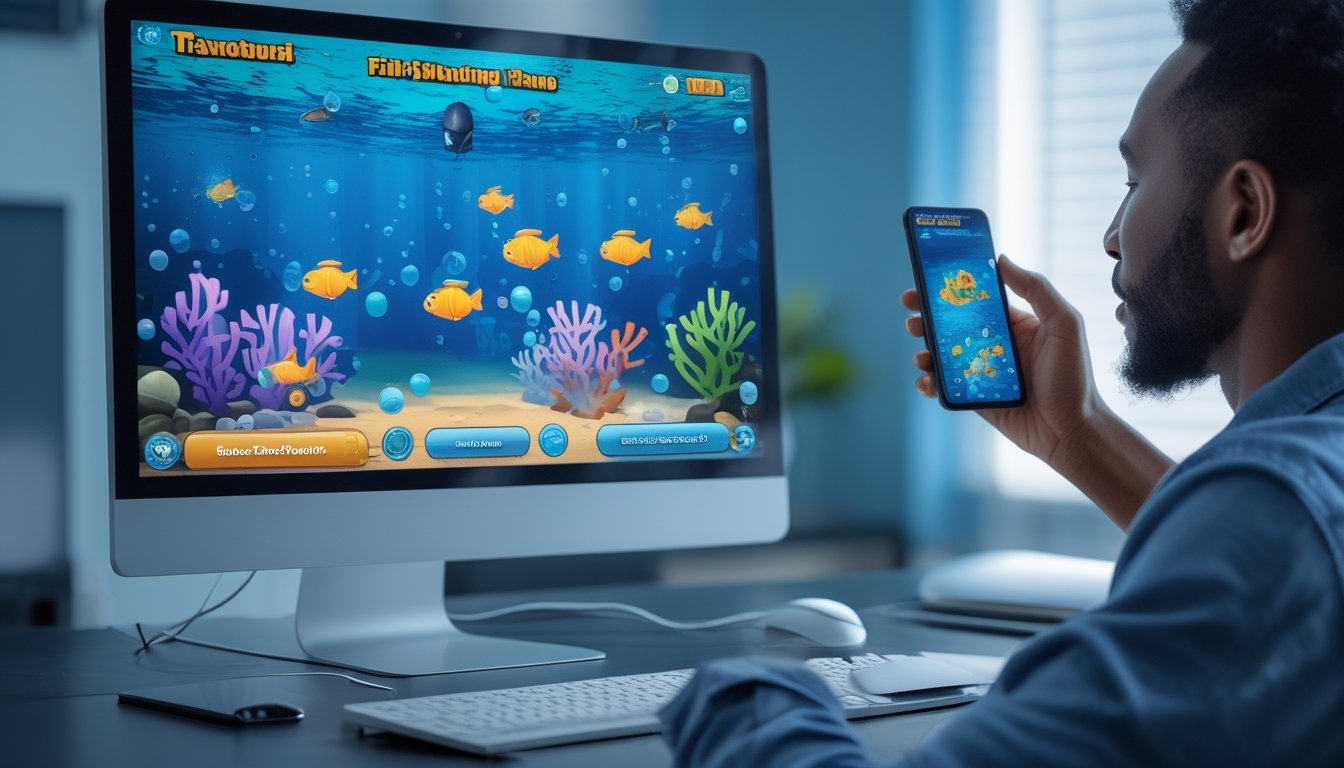 Seseorang memainkan permainan tembak ikan digital melalui komputer dan ponsel di ruang kerja modern.