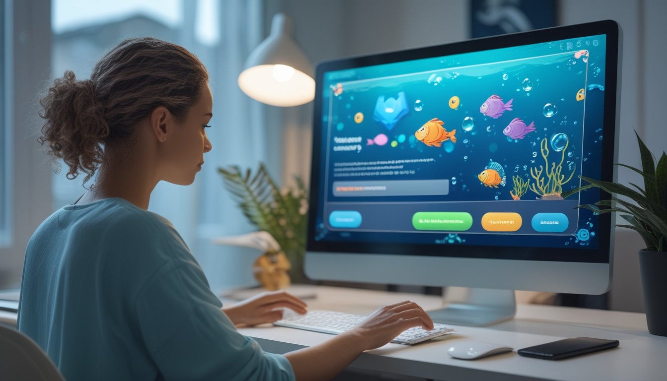 Orang dewasa menggunakan laptop dengan tampilan permainan ikan berwarna-warni dan simbol keamanan.