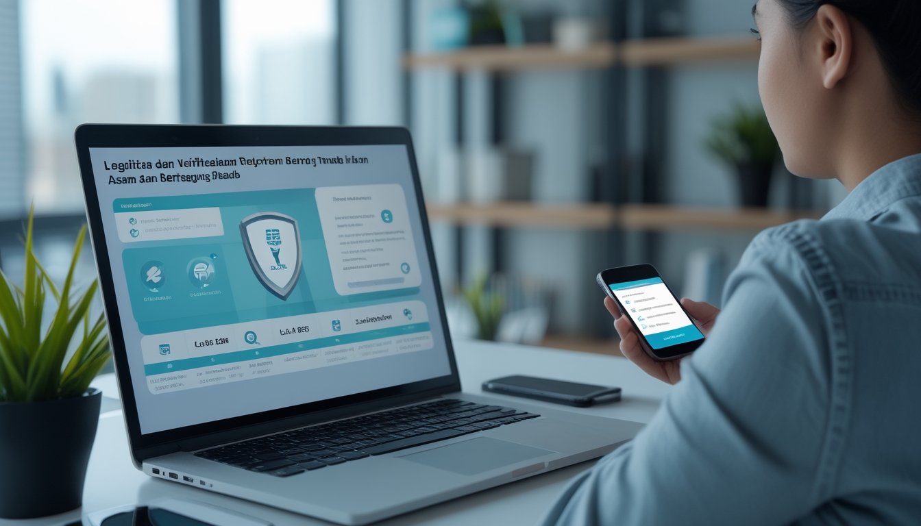 Seorang pengguna memeriksa proses verifikasi keamanan platform pada laptop dan ponsel di meja kerja.