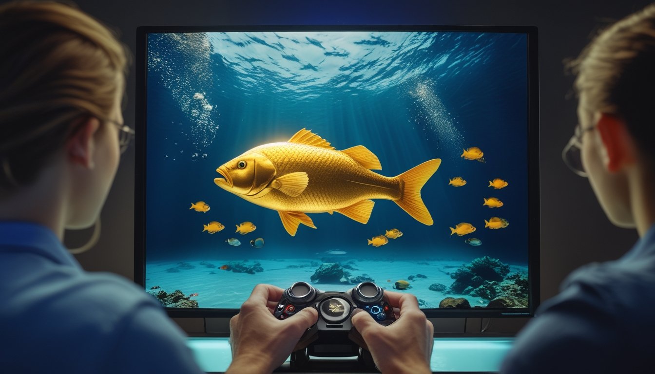 Pemain mengamati ikan emas raksasa di layar permainan tembak ikan bawah laut.