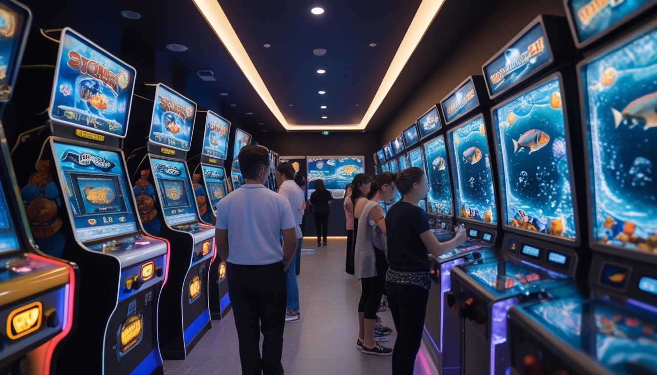 Orang dewasa bermain permainan arcade bertema bawah laut di ruang hiburan modern dengan lampu warna-warni.