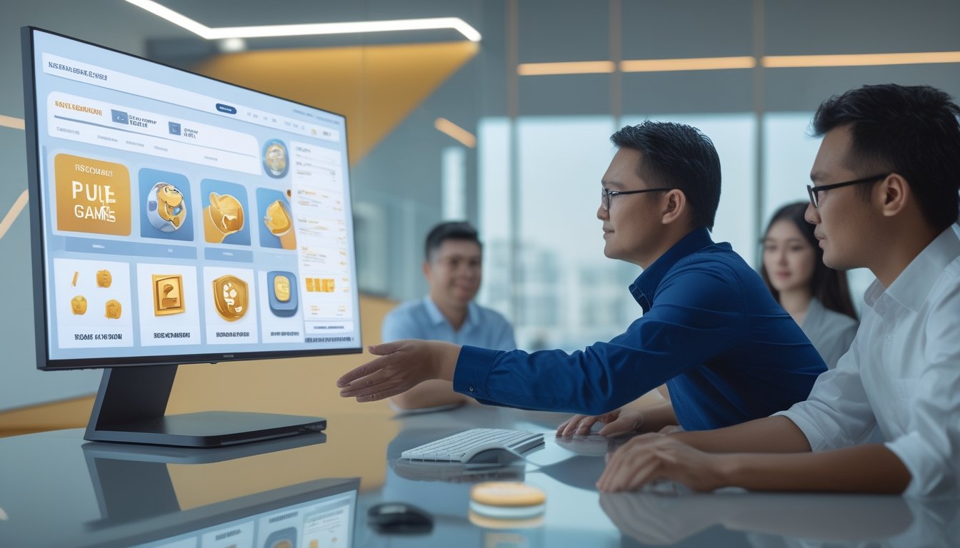 Tim analis dewasa meninjau berbagai fitur platform permainan digital di kantor modern.
