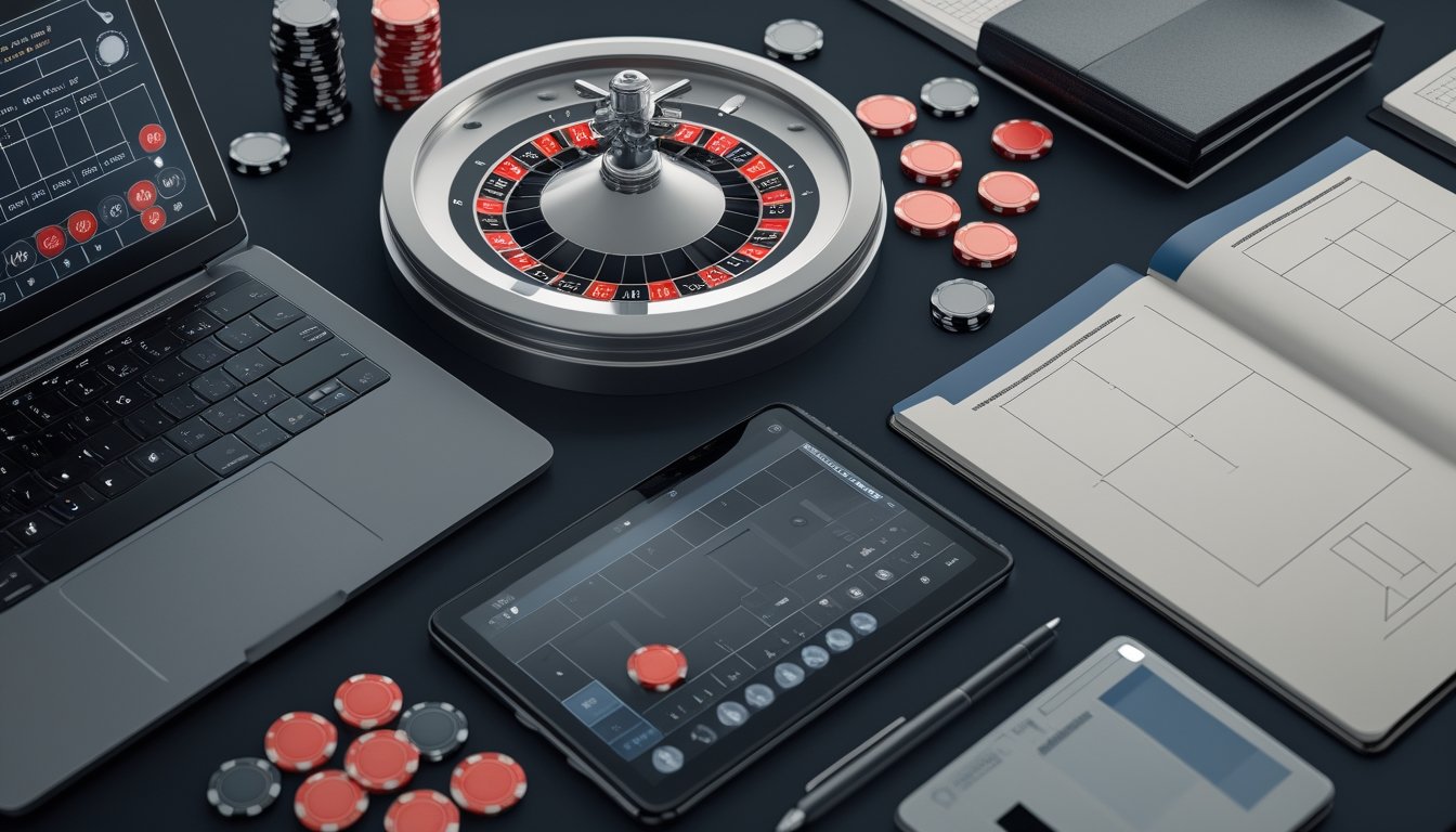 Seseorang menganalisis permainan roulette di meja kerja dengan roda roulette, chip, laptop, kalkulator, dan grafik sederhana.