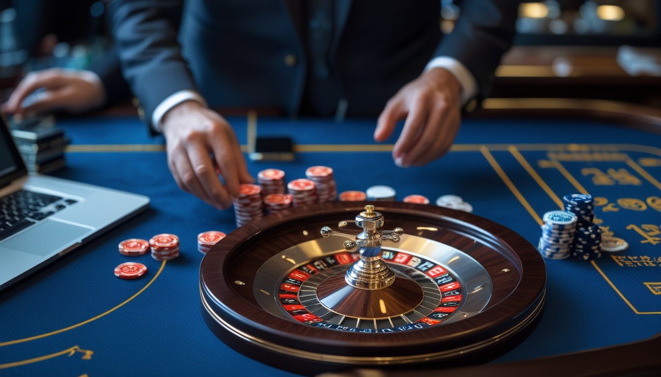 Meja roulette modern dengan roda roulette, keping taruhan, laptop, dan ponsel dalam suasana kasino.