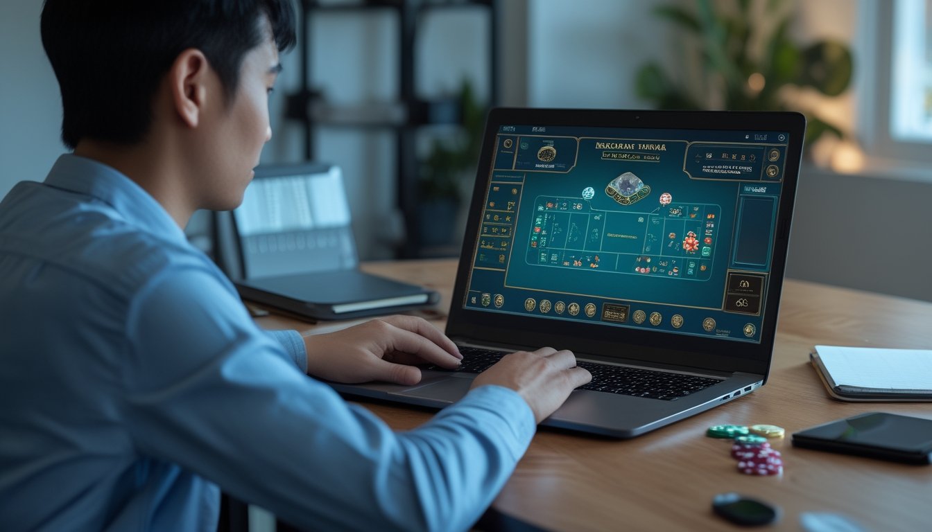 Pemula mempelajari permainan baccarat online melalui laptop di meja kerja dengan kartu dan keping permainan.