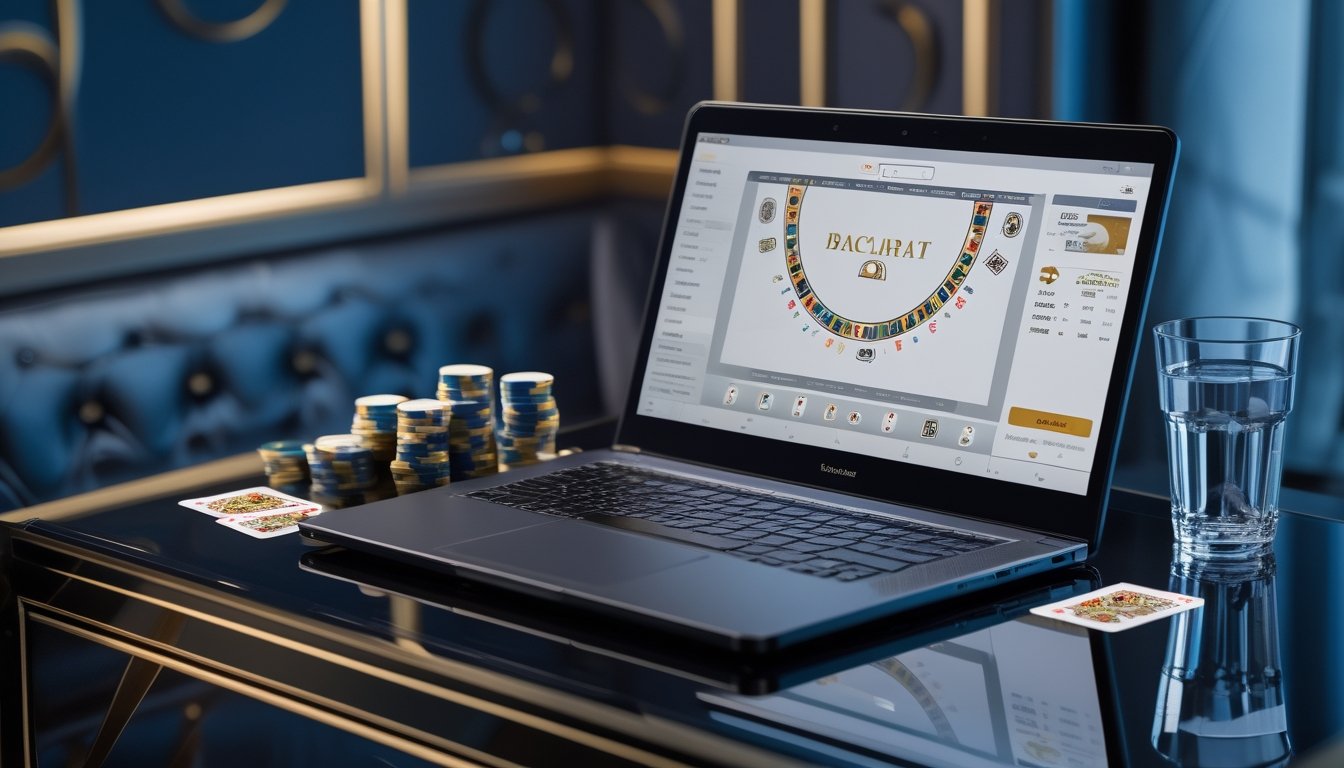 Laptop menampilkan meja baccarat virtual dengan kartu dan keping kasino di atas meja.