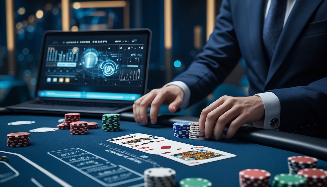Meja blackjack dengan kartu, keping kasino, dan perangkat digital yang menampilkan grafik analisis.