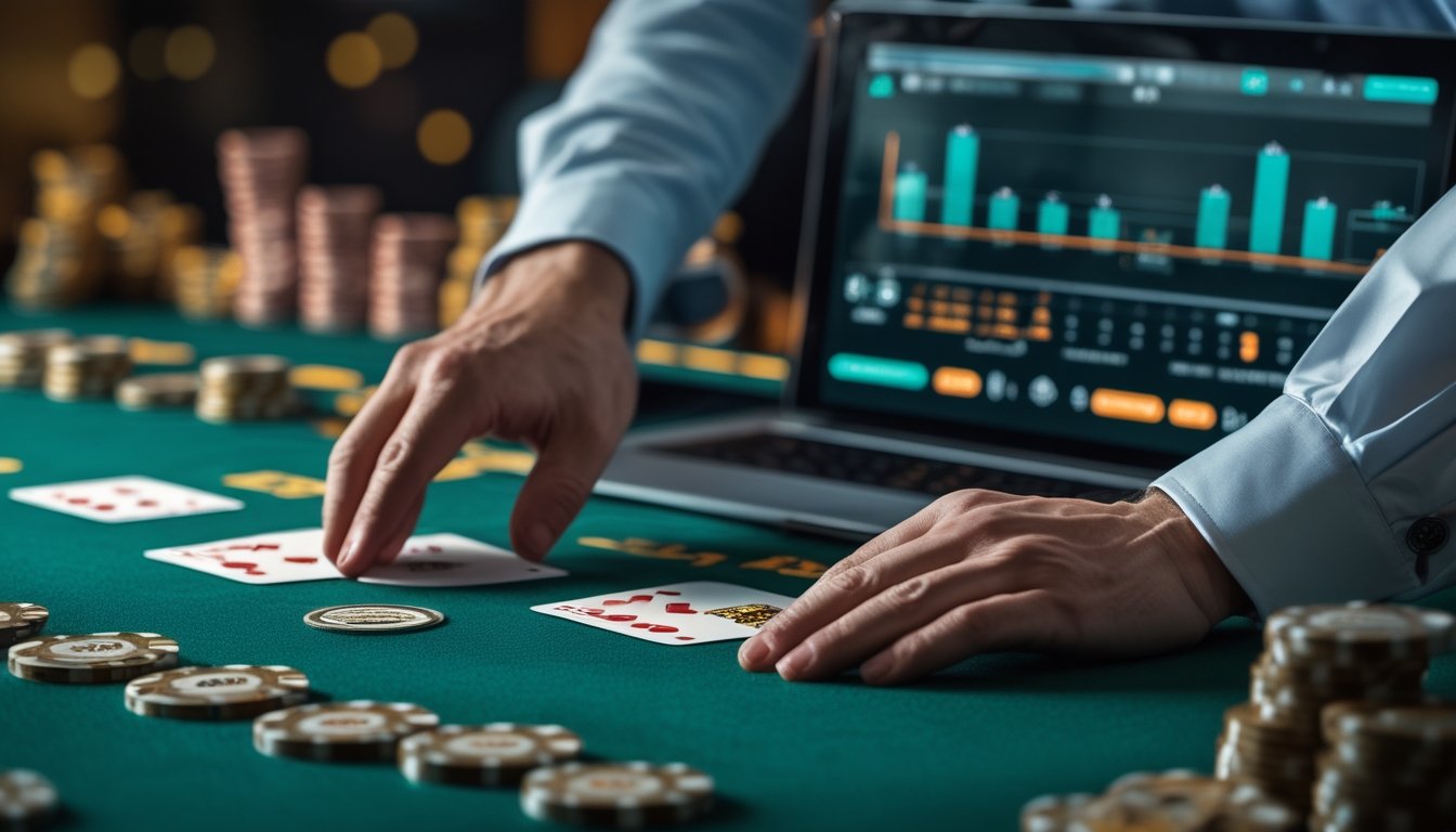 Tangan dealer menata kartu blackjack dan keping kasino di meja hijau, dengan perangkat digital berlatar belakang.