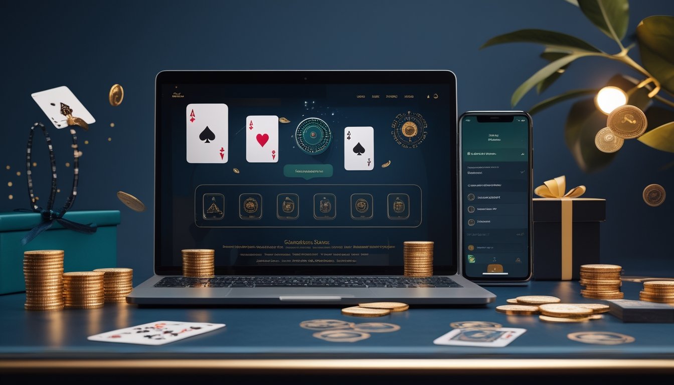 Laptop dan ponsel menampilkan antarmuka kasino abstrak dengan kartu, keping kasino, roda roulette, dan kotak hadiah di atas meja modern.