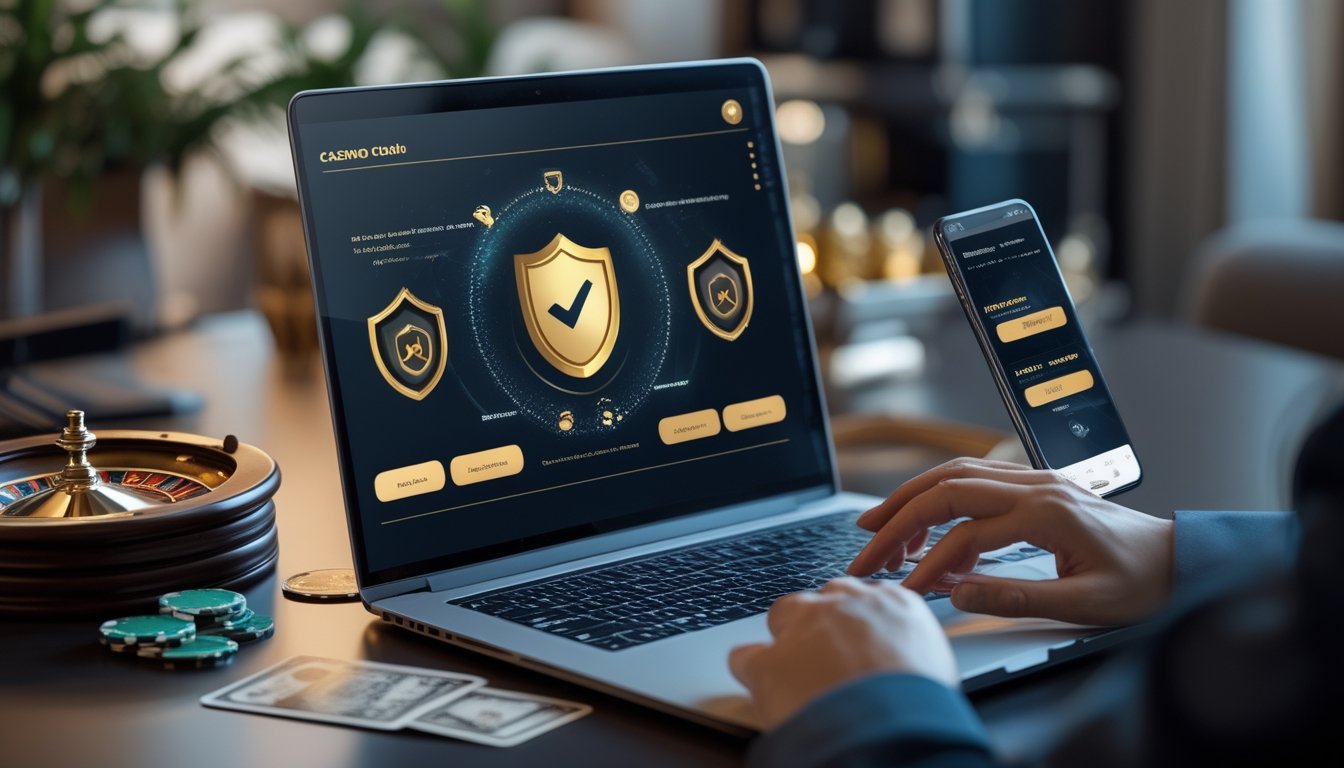 Seseorang meninjau platform kasino online melalui laptop dengan simbol keamanan dan pembayaran digital di meja kerja.