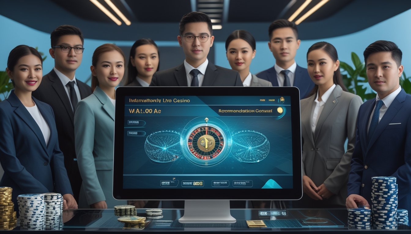 Sekelompok profesional Indonesia dewasa melihat tampilan digital bertema kasino langsung di ruang modern.