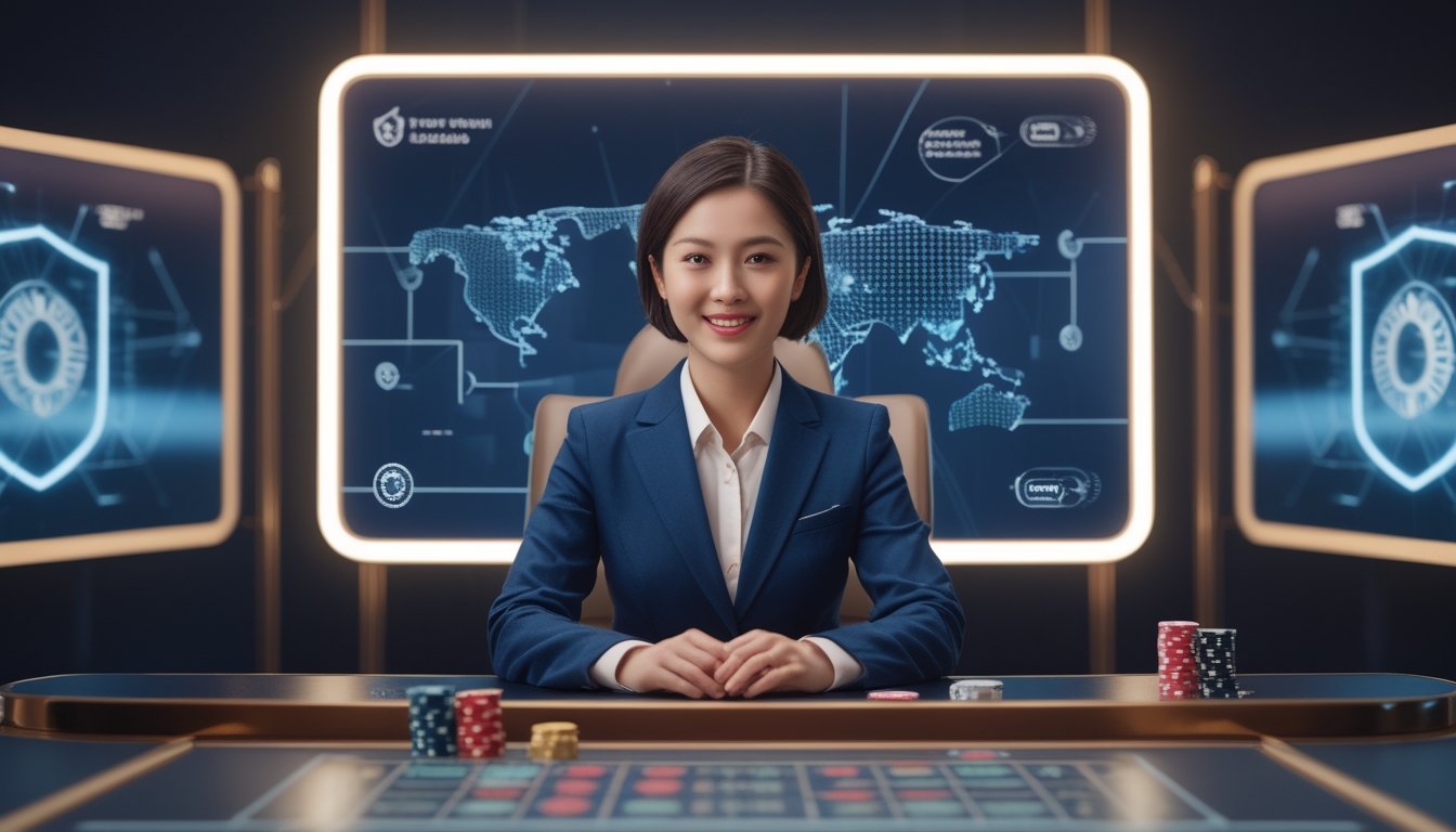 Dealer profesional memandu permainan kasino langsung di studio modern dengan simbol keamanan digital dan konektivitas internasional.
