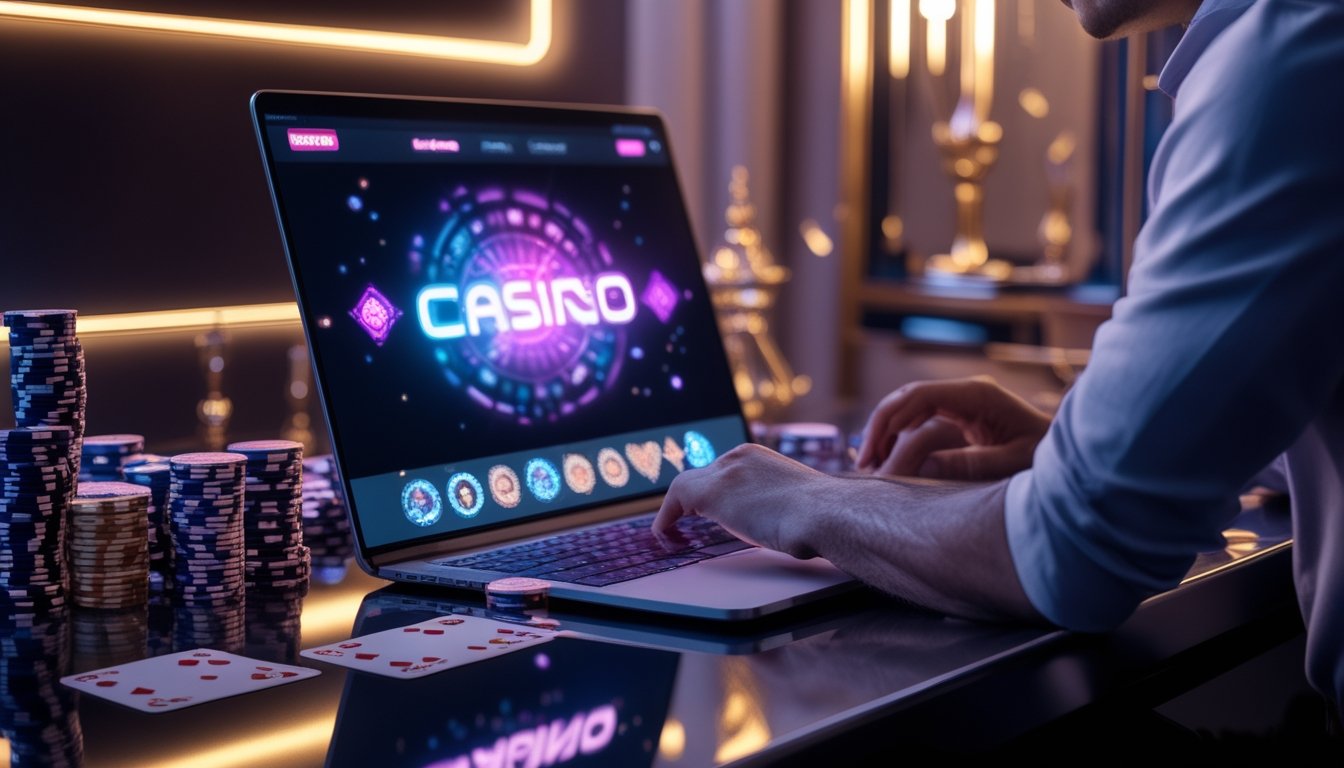 Seseorang menggunakan laptop dengan aksesori kartu dan keping kasino dalam suasana modern bercahaya neon.