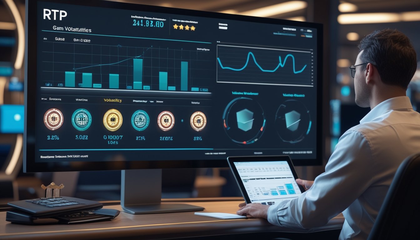 Seorang analis dewasa mempelajari grafik probabilitas dan mekanisme permainan pada monitor di ruang kerja digital modern.