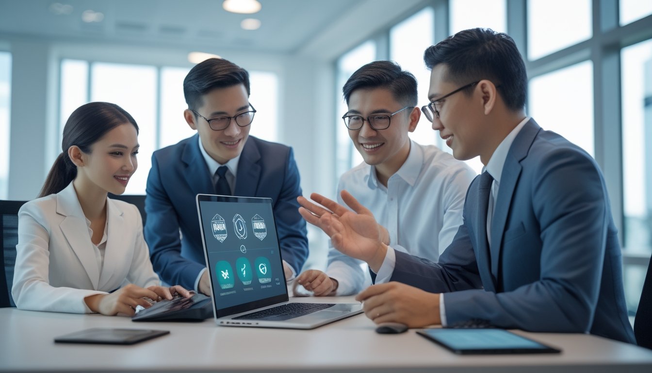 Sekelompok profesional Indonesia bekerja sama menggunakan laptop dan ponsel di kantor modern.