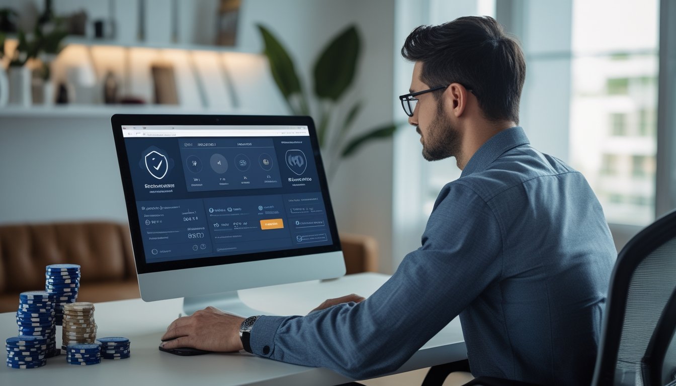 Seorang analis meninjau platform taruhan olahraga dan kasino daring menggunakan laptop di meja kerja modern.