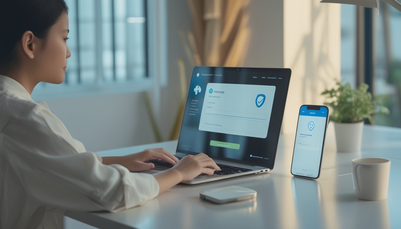 Seseorang menyelesaikan pendaftaran akun secara aman di laptop dalam ruang kerja modern.