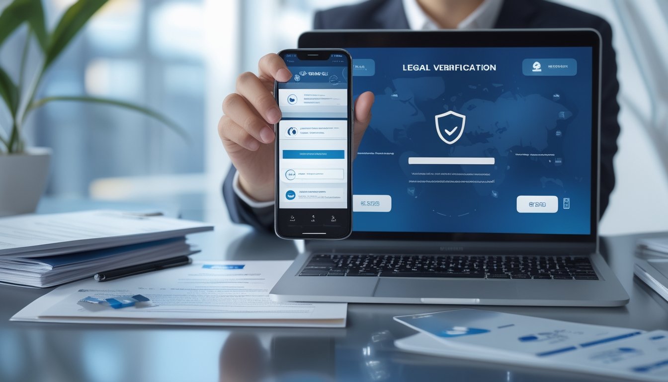 Seorang profesional memeriksa proses verifikasi akun digital di laptop dengan simbol keamanan dan perlindungan data.