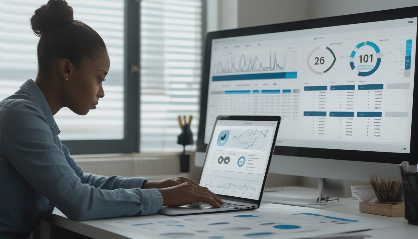 Orang dewasa mempelajari grafik analisis dan data digital di meja kerja.