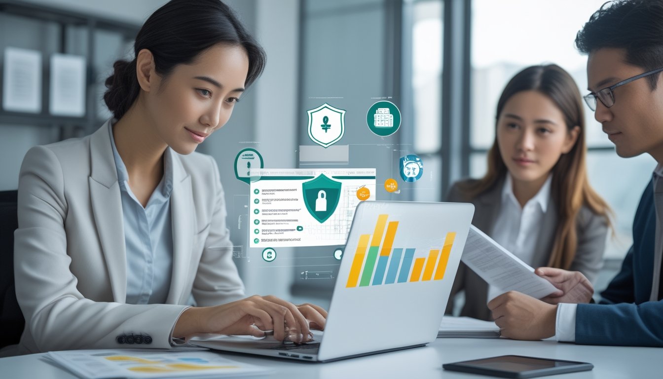 Dua profesional meninjau dasbor digital dengan simbol keamanan dan daftar periksa di kantor modern.