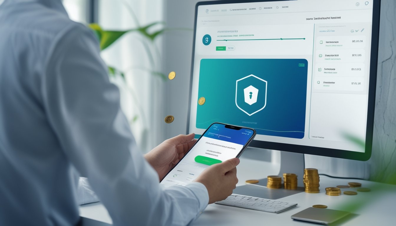 Seseorang memeriksa pembayaran digital yang aman di meja kerja dengan ponsel, simbol perisai, serta koin dan uang rupiah.